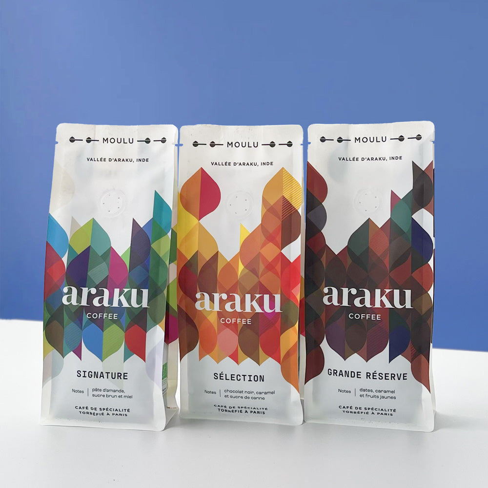 coffret cadeau de 3 sachets de café de spécialité moulu.
