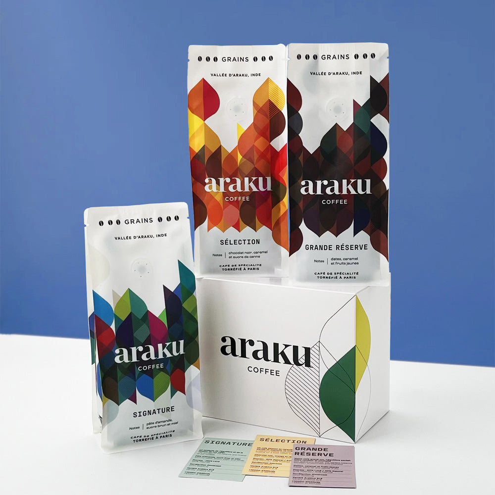 coffret cadeau de 3 sachets de café de spécialité pour espresso en grains ou moulu