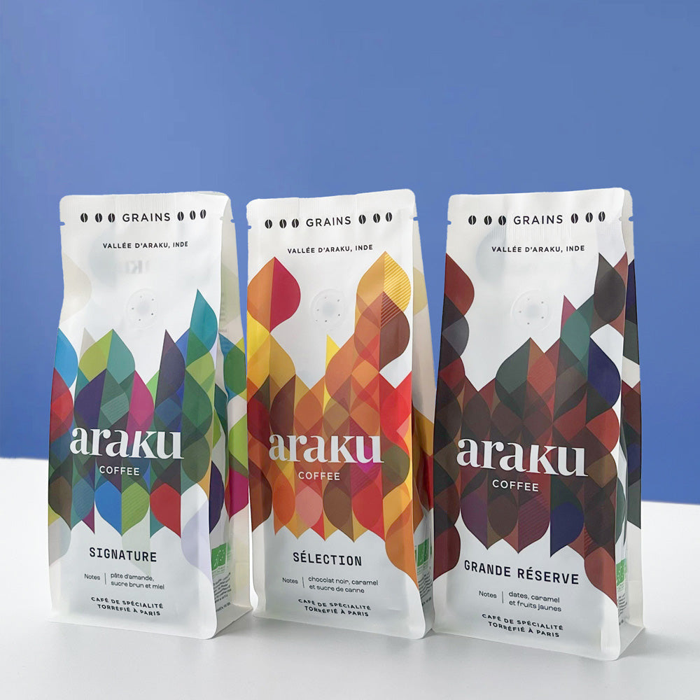 coffret cadeau de 3 sachets de café de spécialité pour espresso en grains.